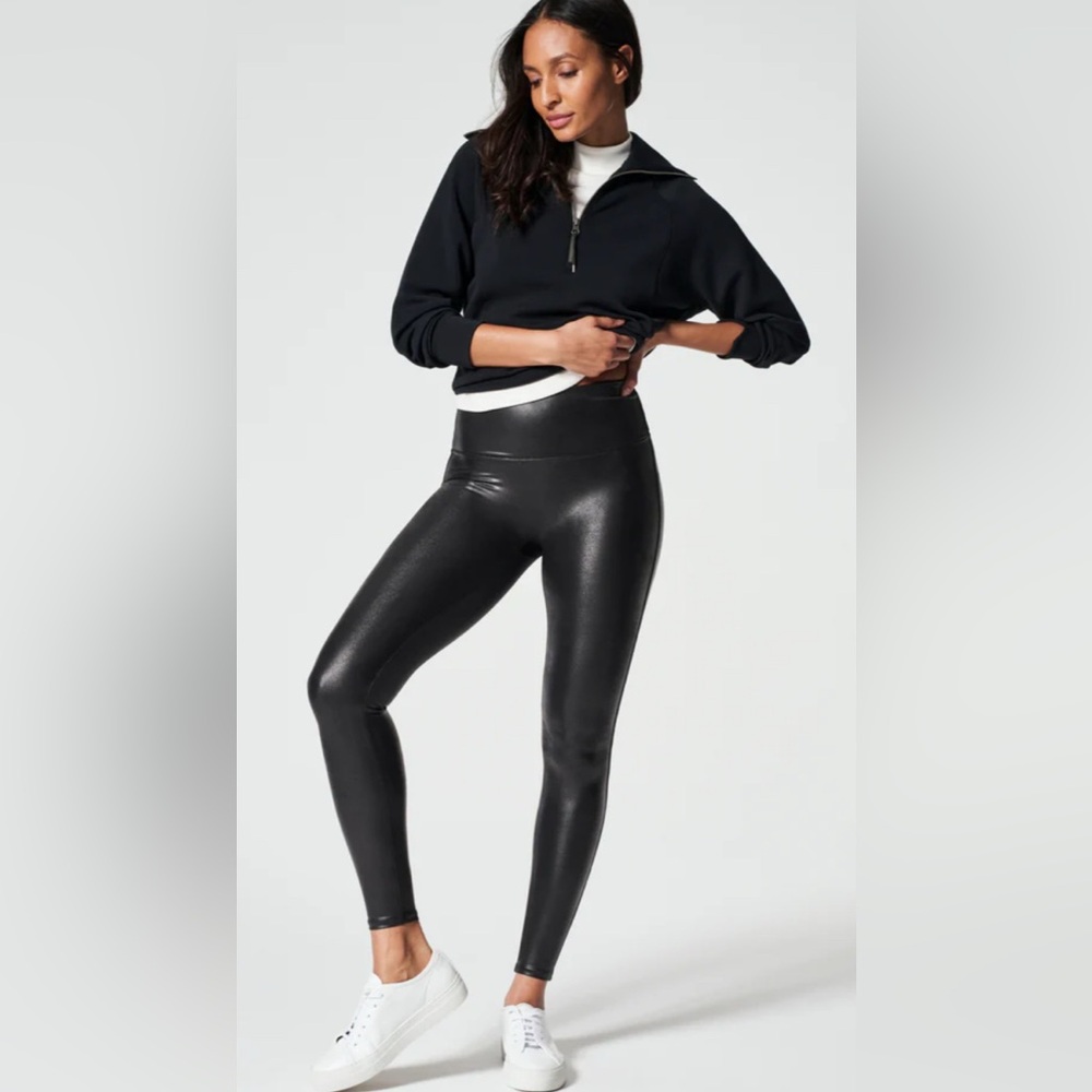 SPANX Faux Leather Glossy Black Leggings NEW
